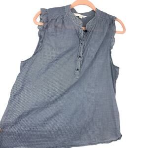 Shade Sleeveless Ruffle 1/4 Button Top Women Size Large Blue Dotted Cotton